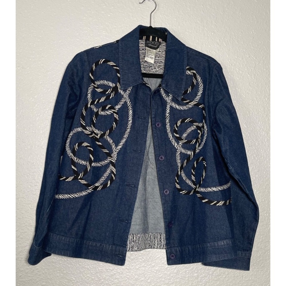 Vintage KOOS Of Course Denim Jacket Womens Medium Blue Embroidered Button Up 90s